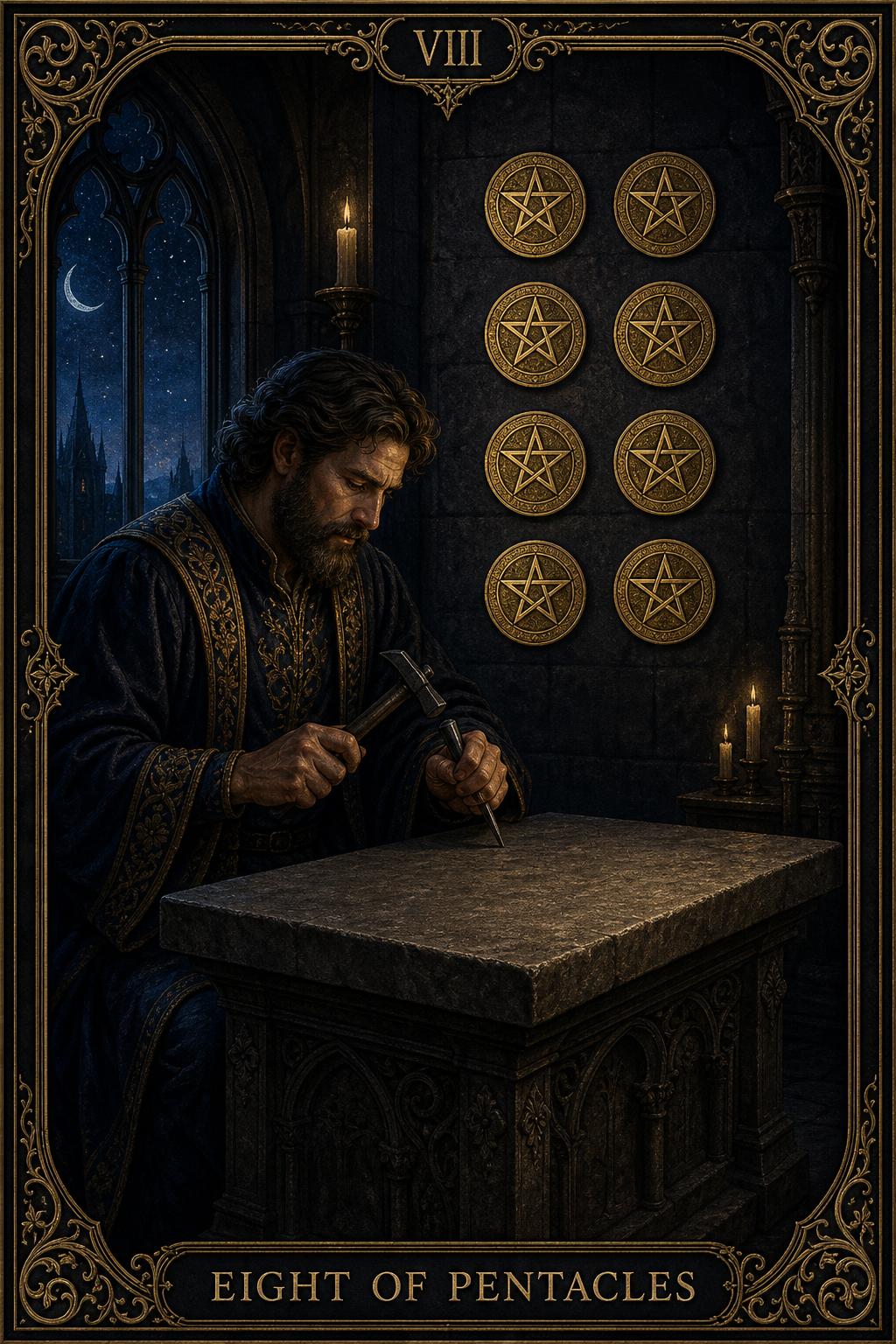 Eight of Pentacles tarot card.
