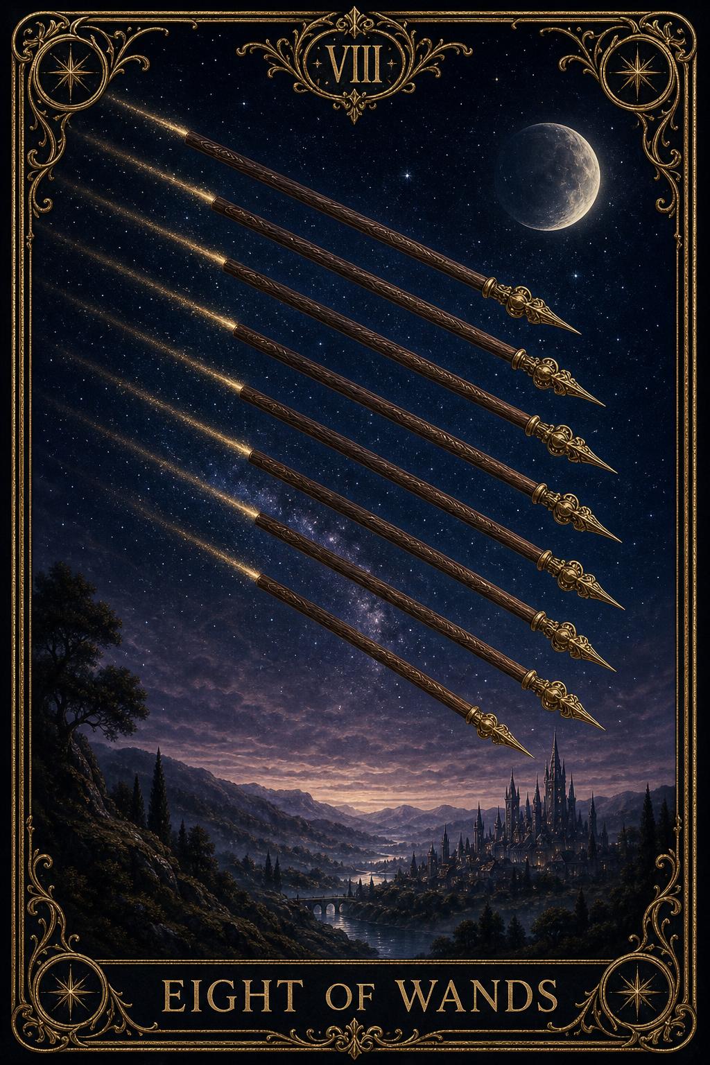Eight of Wands tarot card.