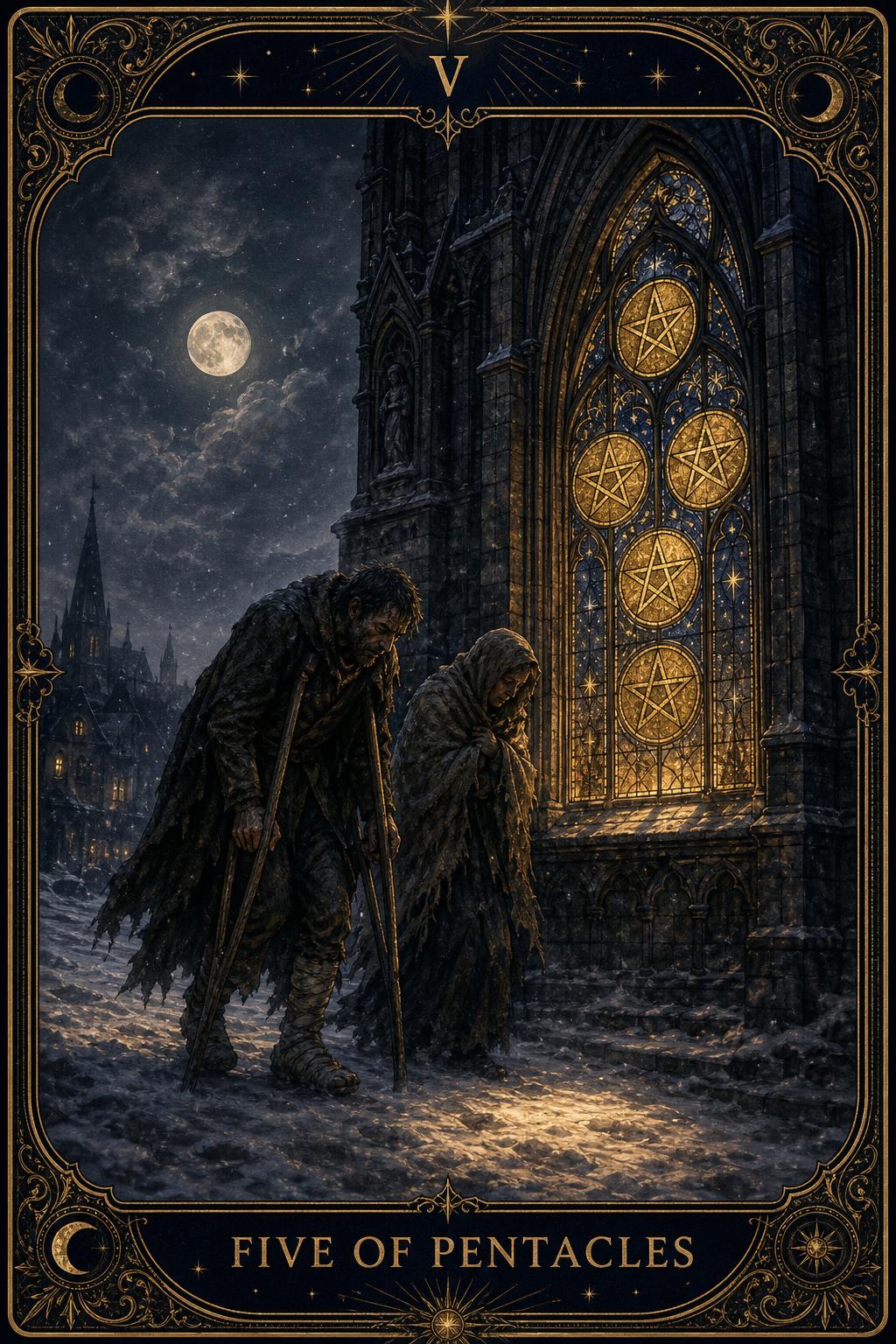 Five of Pentacles tarot card.