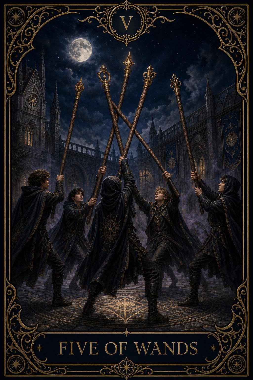 Five of Wands tarot card.