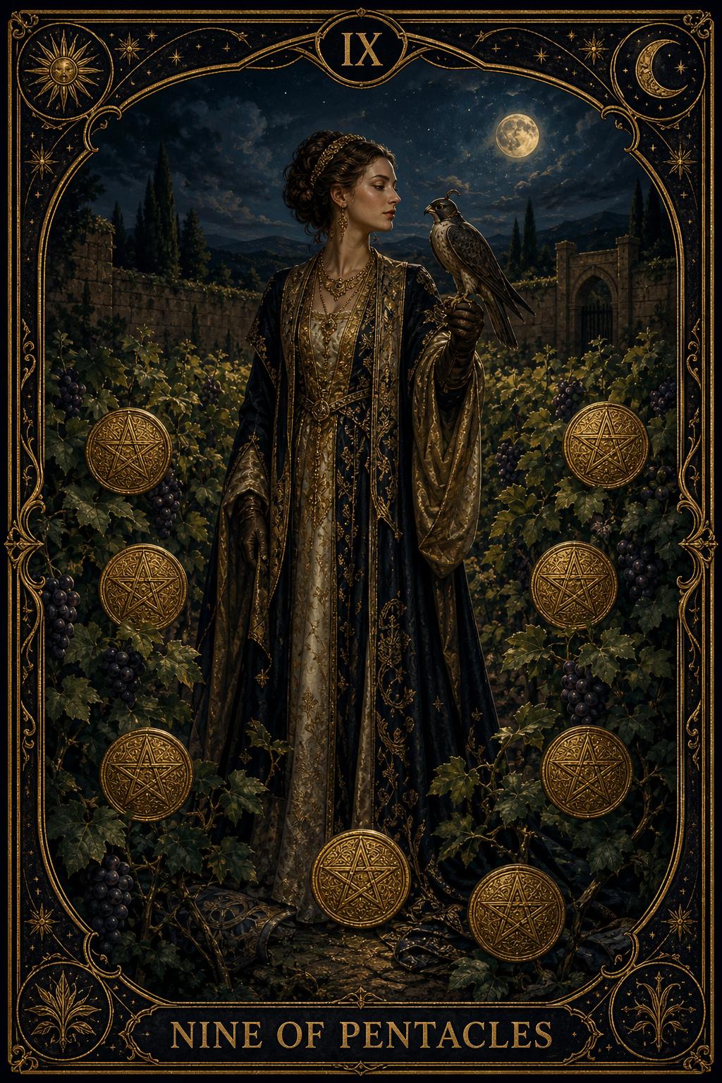 Nine of Pentacles tarot card.