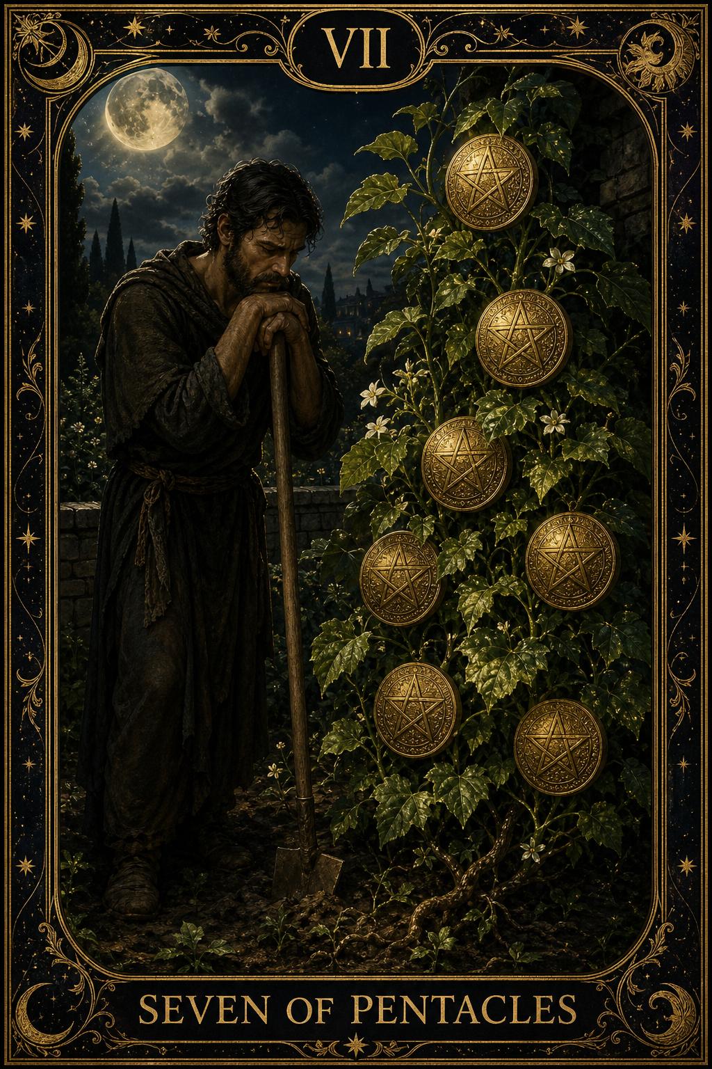 Seven of Pentacles tarot card.