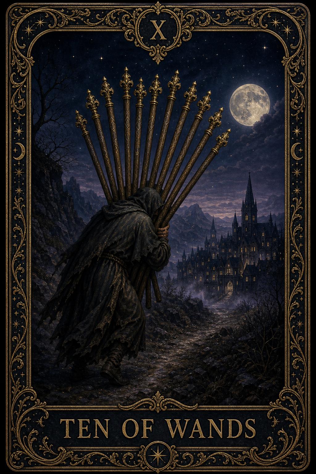 Ten of Wands tarot card.