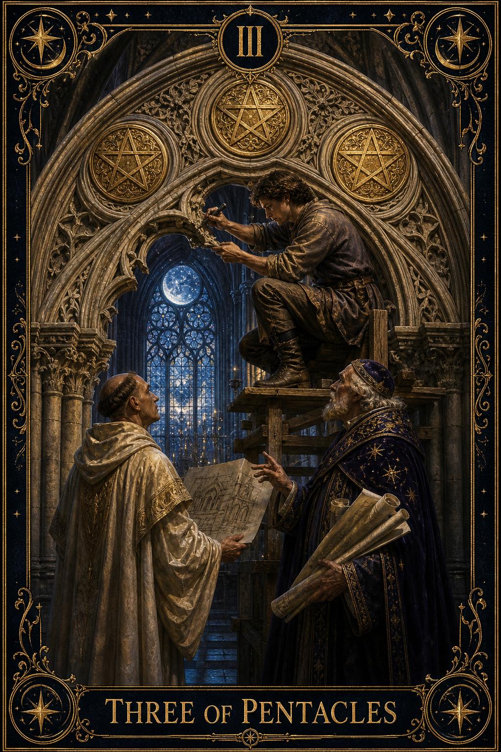 Three of Pentacles tarot card.
