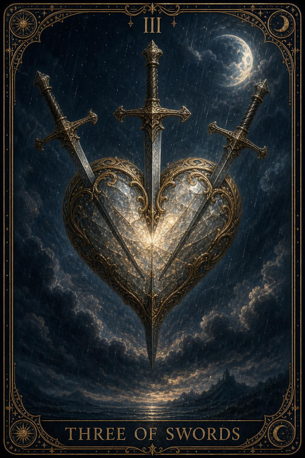 Three of Swords tarot card.