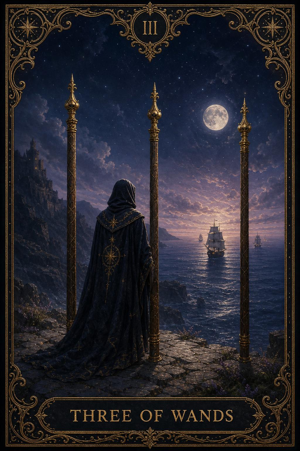 Three of Wands tarot card.